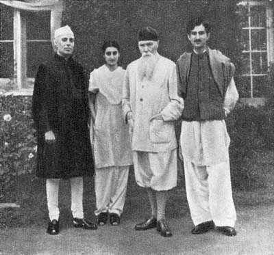 Jawaharlal Nehru, Indira Gandhi, Nicholas Roerich, and Mohammad Yunus at Roerich’s estate, Kullu