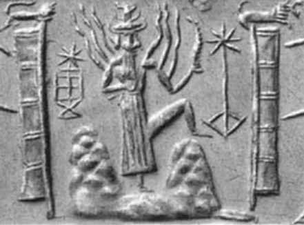 Mesopotamian god Shamash Rising from the Inner-Earth between Twin Peaks at Mount. Mashu